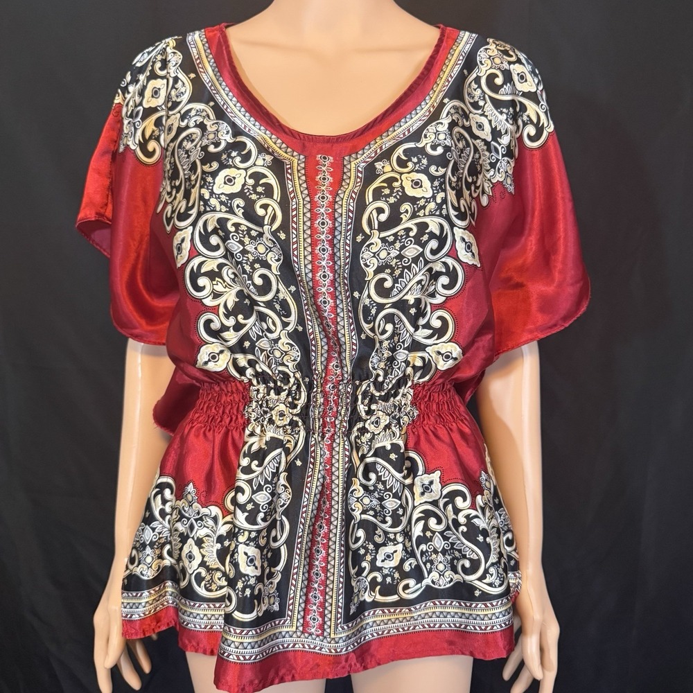 Y2K Vintage Heart & Soul Boho Faux Silk Kimono-Style Blouse Wide Flutter Sleeves